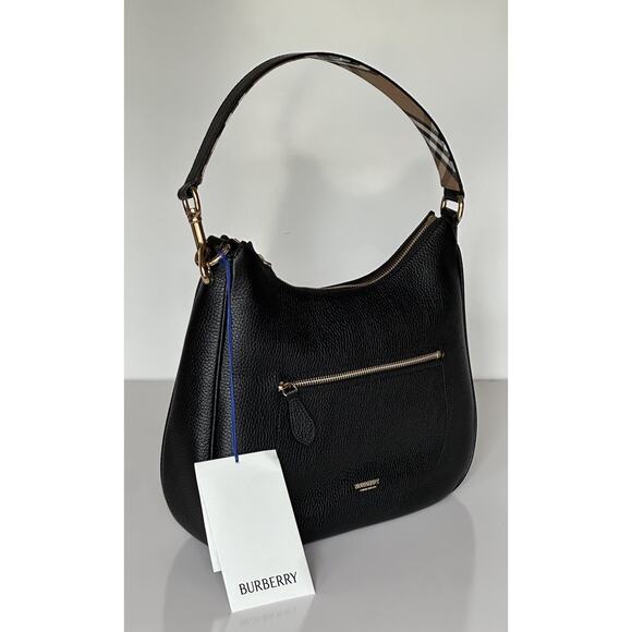 Burberry Hobo Leather Shoulder Bag Check Strap Black 81046821 Italy NWT $1750 - Picture 7 of 16